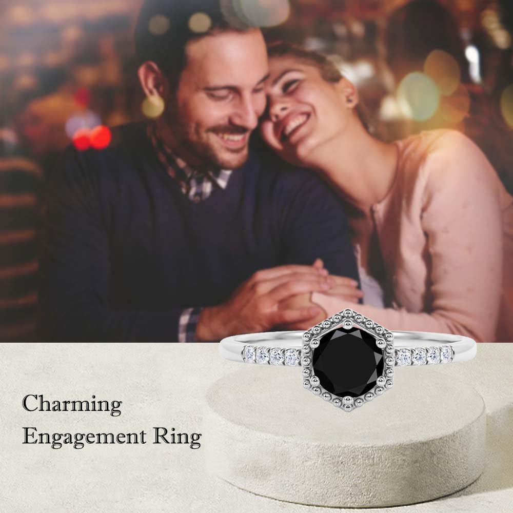 1ct 1.5ct 2ct Black Onyx Engagement Ring - Round Black Onyx Rings for Women White Yellow Rose 10K 14K 18K Gold 925 Sterling Silver with Moissanite Black Onyx Proposal Ring