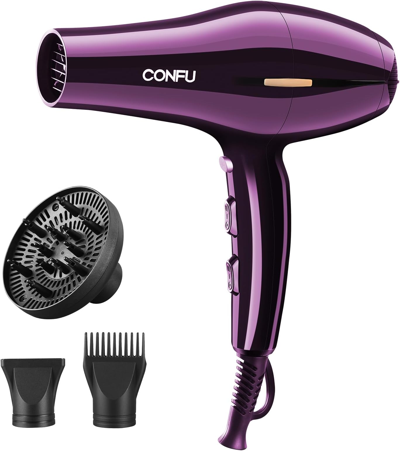 CONFU Professional Hair Dryer with Diffuser and Concentrator, 1875W Powerful Blow Dryer for Women Fast Drying and Quiet, Lightweight Hairdryer with Comb Nozzle for Curly Hair, Purple