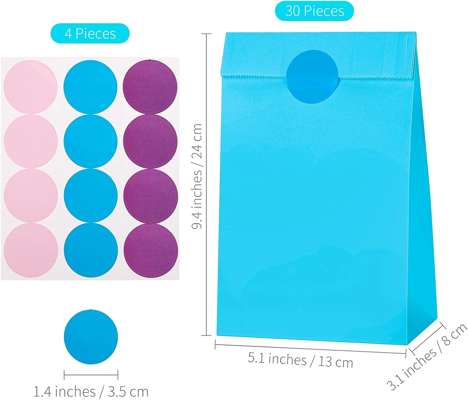 Cooraby 30 Pieces 5.1 x 3.1 x 9.4 Inches Colorful Kraft Paper Bags with 48 Stickers Party Treat for Wedding, Celebration, Birthday Party Supplies (Sky Blue, Light Purple, Pink) - Image 2