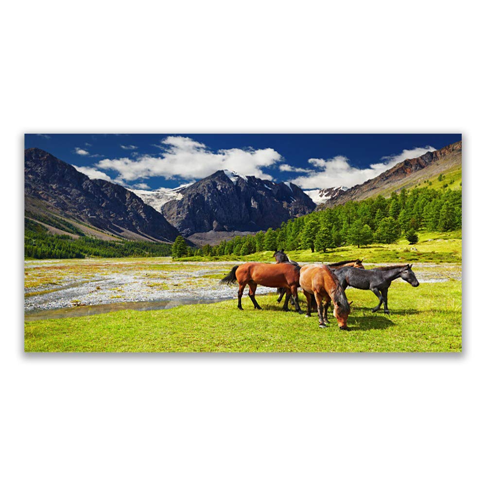Déco mural moderne design montagne et arbres sur tableau en verre trempé de 140x70cm