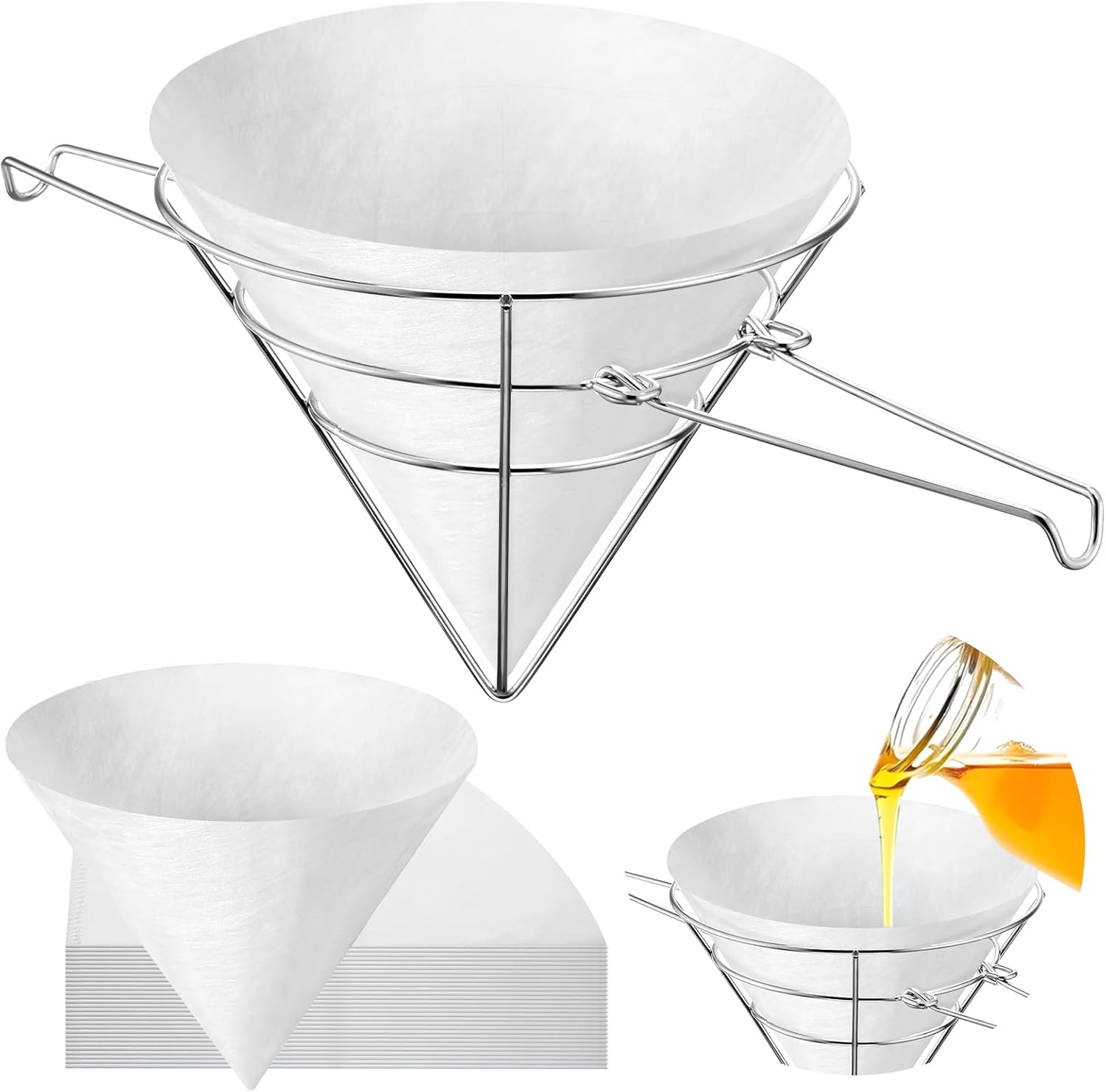 Teenyyou 9 Inch Deep Fryer Oil Filter Stand with 80 Pack Non-woven Cooking Grease Filters Deep Fryer Oil Filter Cone Holder Stand for Cooking Filters Cones