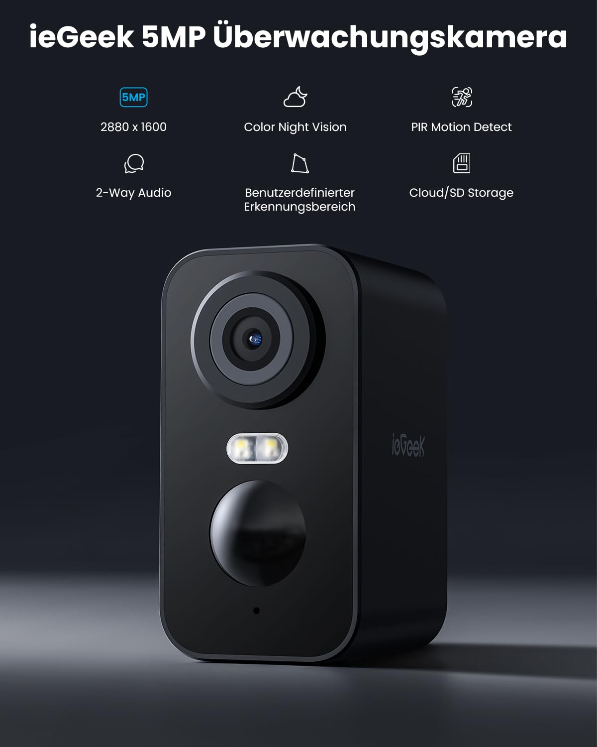 ieGeek Caméra de surveillance extérieure 5 MP Wi-Fi, batterie 5200 mAh, caméra de surveillance extérieur/intérieur, détection PIR, vision nocturne, audio bidirectionnel, projecteurs, étanche IP65