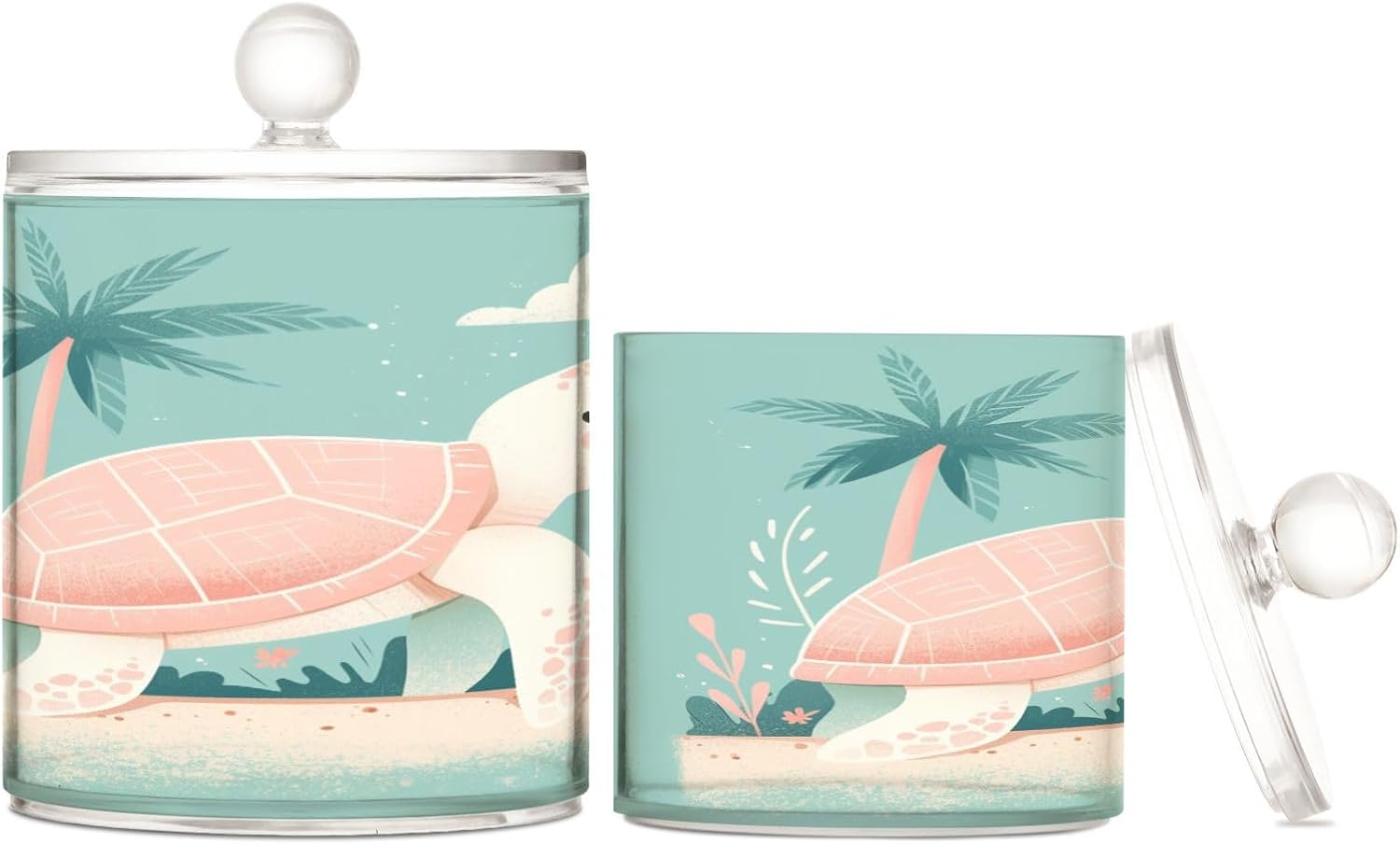 Sweet Cute Turtle Peach Clear Plastic storage container with lid Office Essentials Decorative storage bins for Cotton Swabs,Cotton Pads,Floss Picks,Paper Clips,Hair Clips 2 Pack