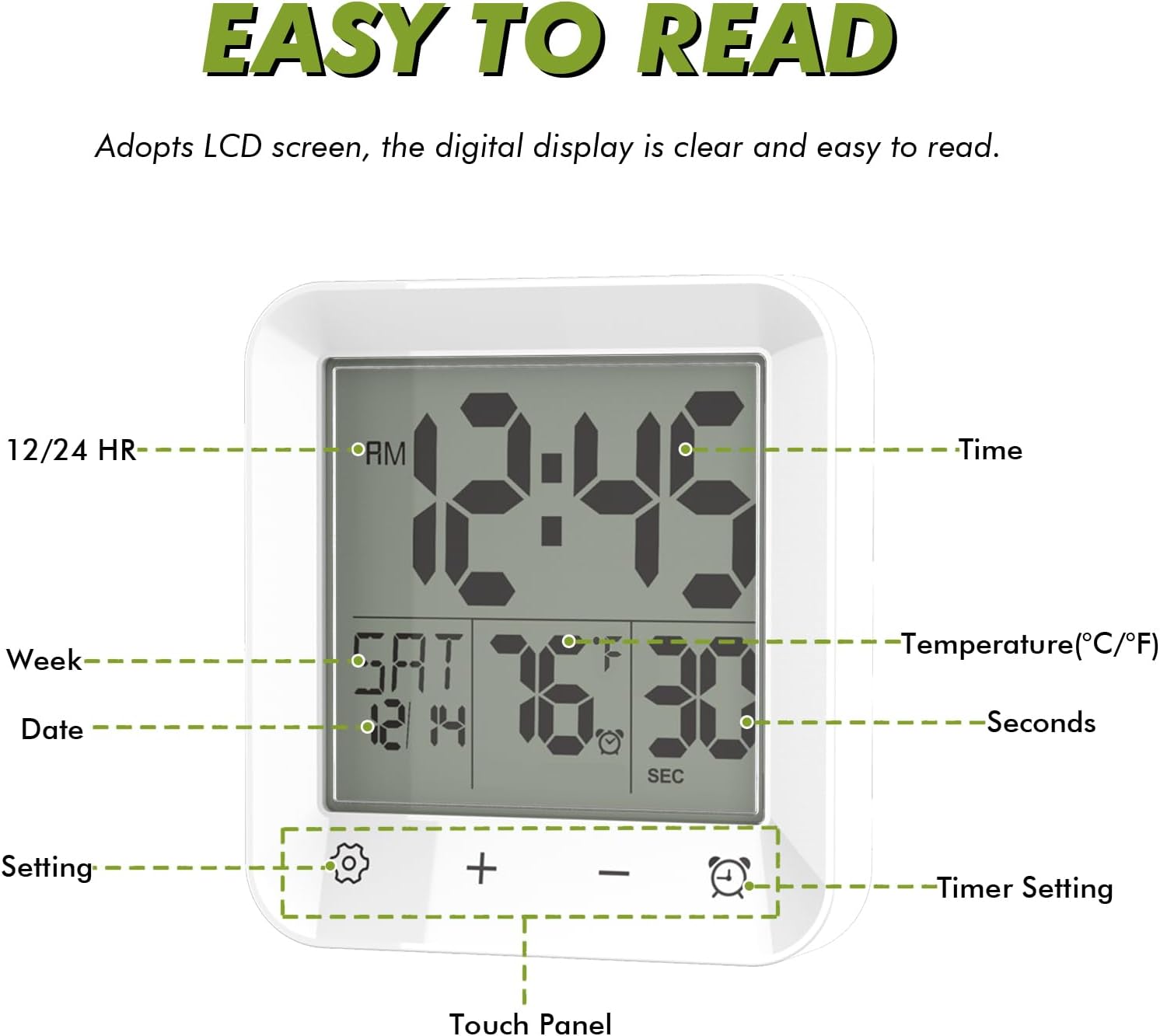 Diagram of the Wisoee Digital Shower Clock display with labels for time, 12/24 HR, week, date, temperature, seconds, setting button, and timer setting button.