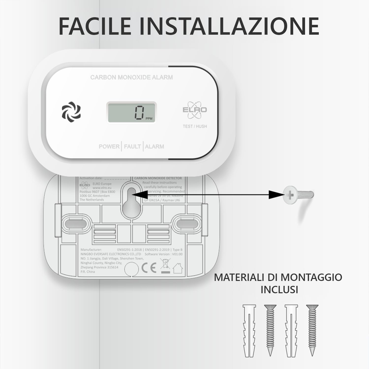 2-Pack ELRO FC5010 Rilevatore di monossido di carbonio con batteria da 10 anni e display – Rilevatore di CO conforme alla norma europea EN50291