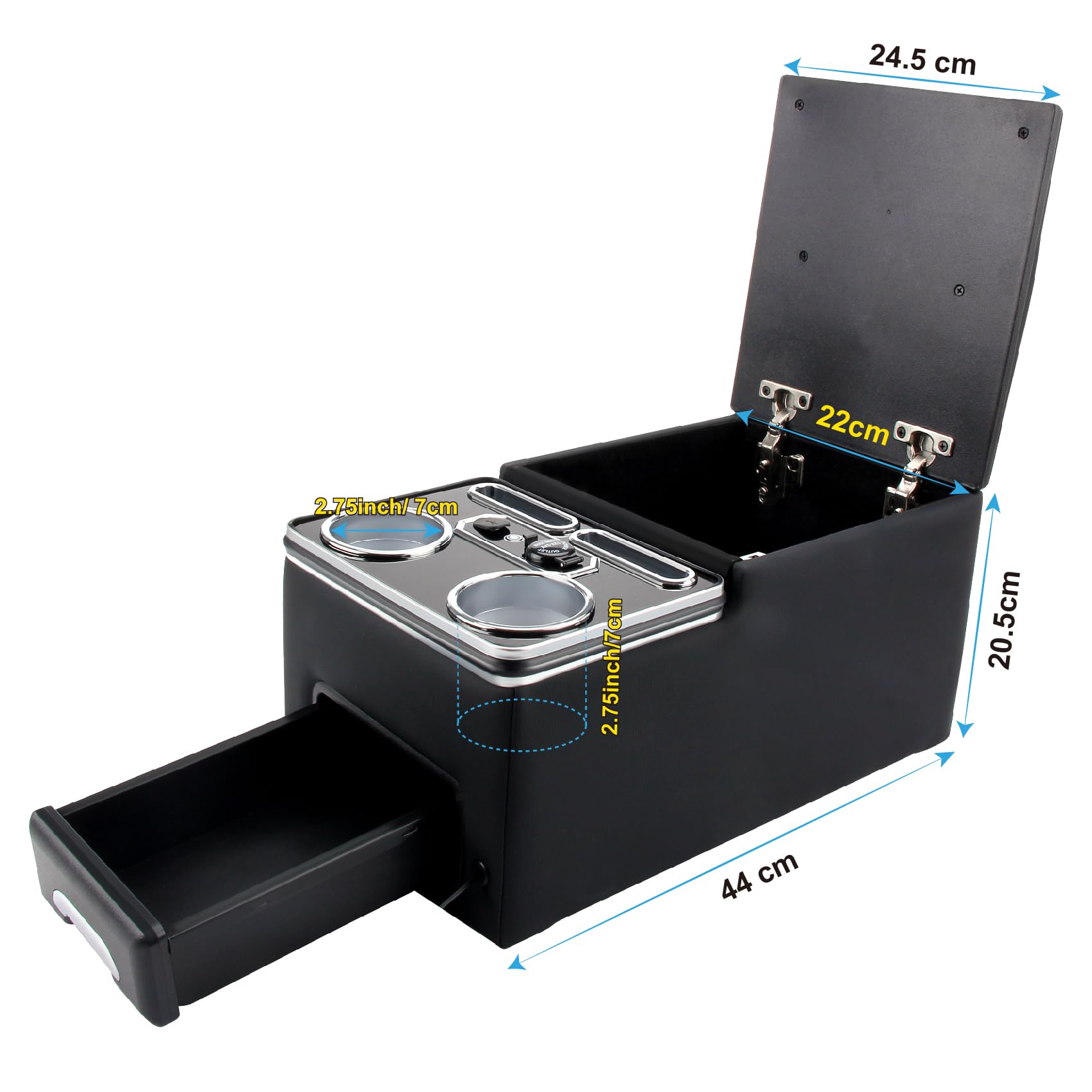 Consola central universal para coche con estantes, organizador con soporte para bebidas, puerto USB y 7 luces LED, compatible con autobús, camiones, furgonetas, SUV, asiento trasero y asiento