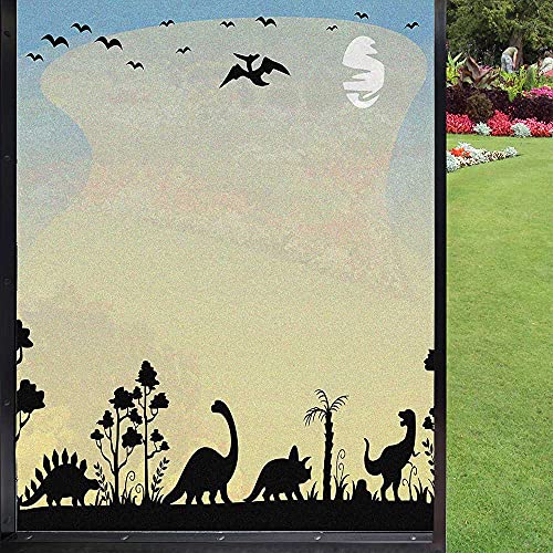 Dinosaur Frosted Window Film Window Privacy Film,Dinosaurs In Fauna Graphic Illustration Extinct Animals Sunset Prehistoric Time Window Decal For Bathroom Kitchen Room Office,Sand Brown 24" X 36" #TOP22