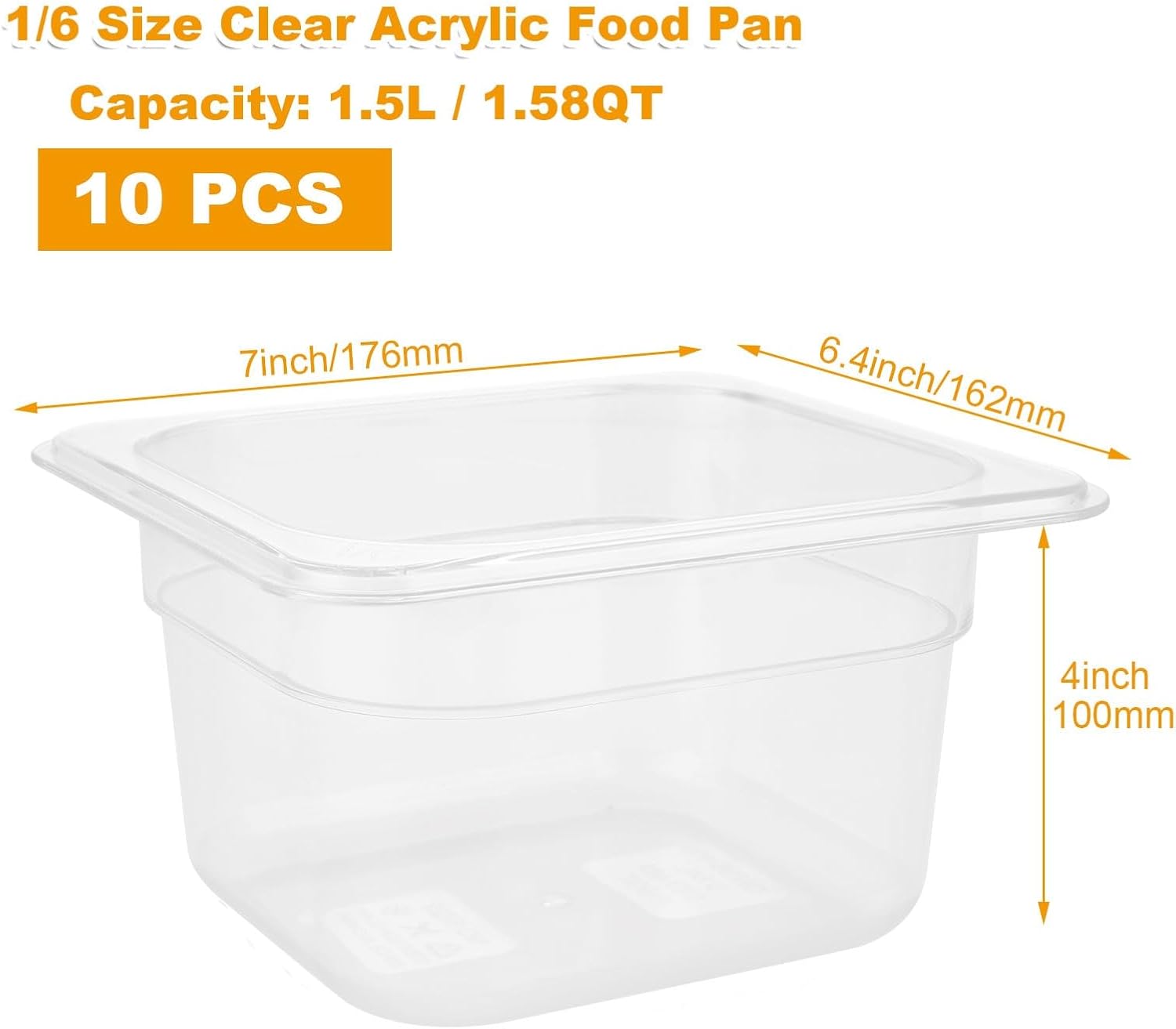 10 Pack 1/6 Size Plastic Clear Food Pan, 4 Inch Deep Polycarbonate Pan, Stackable Restaurant Commercial Hotel Pans for Fruit Vegetable Corns - 1.58 Quart Capacity