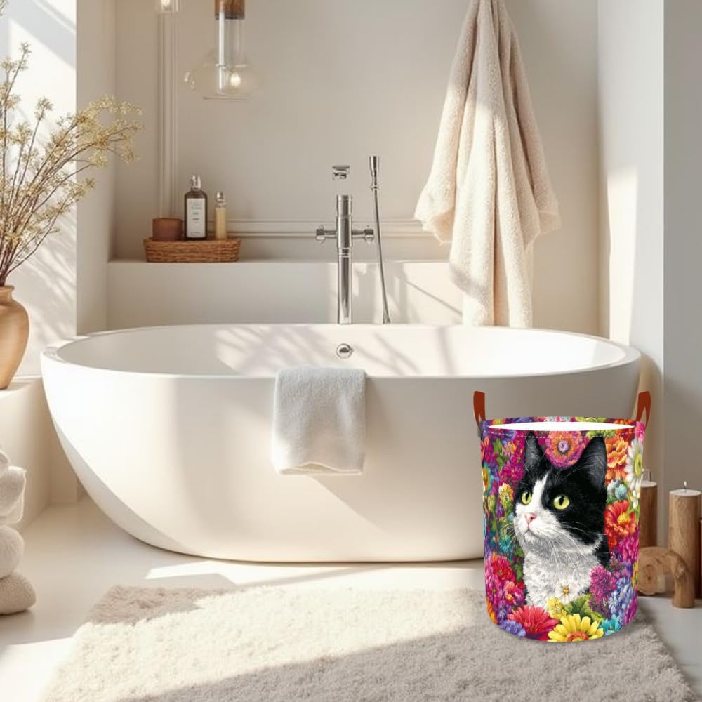 Laundry Baskets 15.7x19.7 Inch Large Cat Floral Garden Design Collapsible Laundry Hamper with Handles Oxford Fabric Clothes Storage Bin Foldable Dirty Clothes Organizer for Bedroom Bathroom Dorm