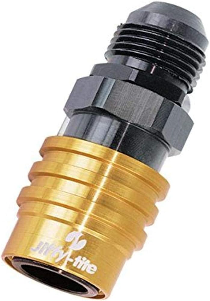 Jiffy-tite Quick Release Adapter, 3000 Series, Straight, 8 AN Male to Quick Release Socket, Valved, FKM Seal, Aluminum, Black/Gold Anodized, Each