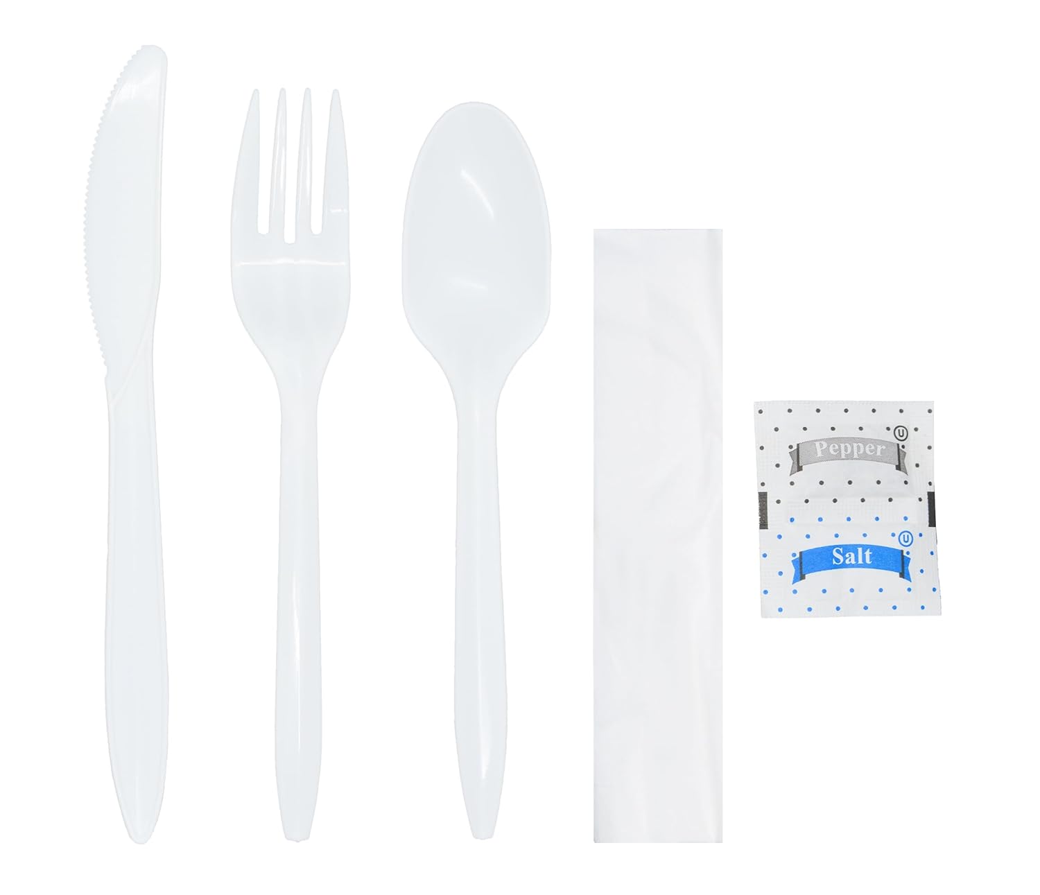 Daxwell Plastic Cutlery Kits, Medium Weight Polypropylene (PP), with Fork, Knife, Teaspoon, Salt, Pepper, Napkin, White, B10001837 (Case of 250)