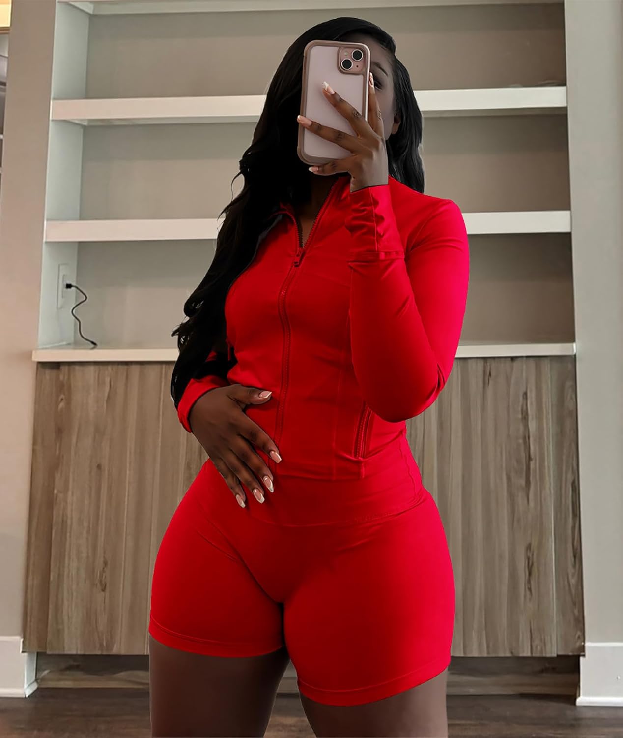 Adogirl Women Workout Sets 2 Piece Outfits Long Sleeve Zip Sweatshirt Jacket Gym Leggings Biker Shorts Set Tracksuit - Image 4