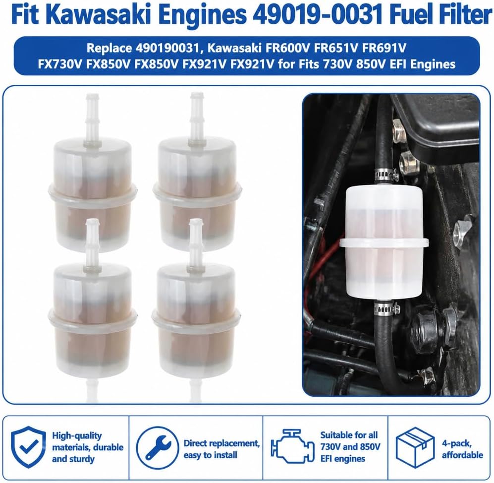 Fuel Filter Replace 49019-0031 490190031 for Kawasaki EFI FR541V FR600V FR651V FR691V FX730V FX850V FX850V FX921V FX921V FXT00V (Pack of 4)