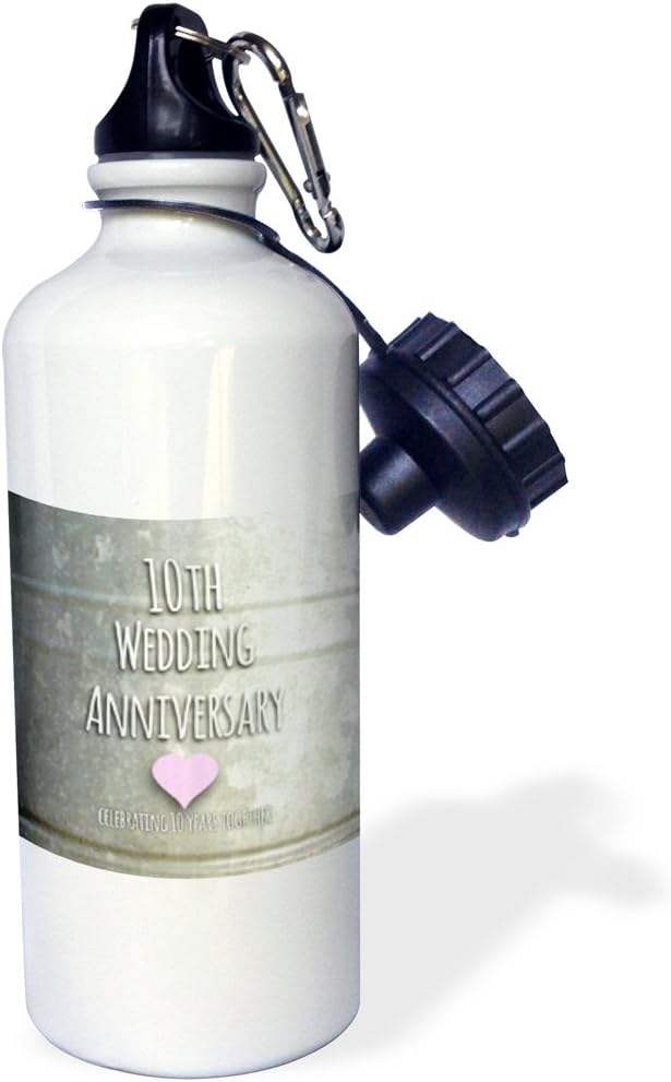 3dRose 10Th Wedding Anniversary Gift-Tin Celebrating 10 Years Together-Tenth Anniversaries Ten Yrs Sports Water Bottle, 21 oz, White