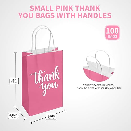 Miniatura 3 de DjinnGlory Paquete de 100 bolsas de regalo pequeñas de color rosa, bolsas de papel de agradecimiento con asas de 9 x 5.5 x 3.15 pulgadas para el día