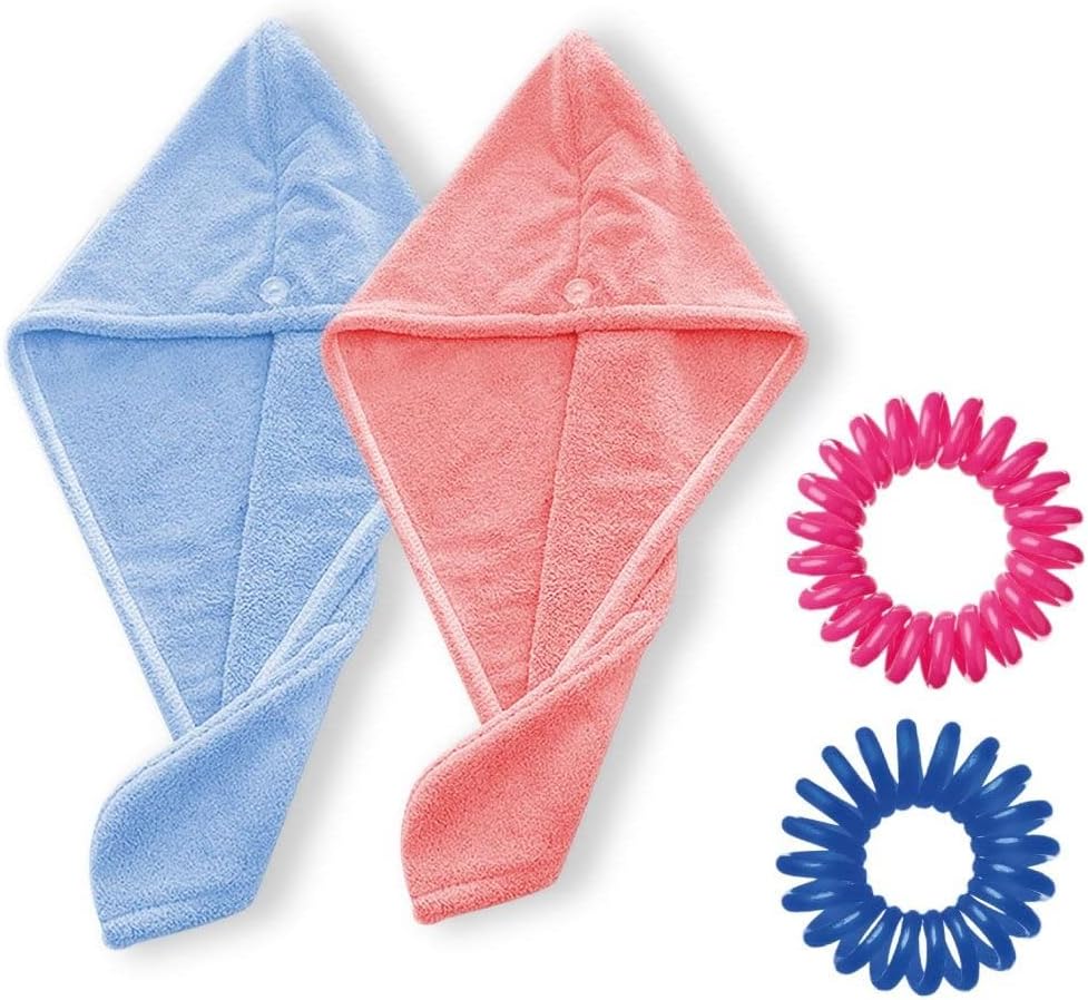 KoralineHair Towel, Hair Towel Wrap, Pack of 2, PLUS 2 Hair Ties, Quick Dry Hair Turban, Absorbent Hair Wraps, Hair Drying Towel with Elastic Loop and button (Pink and Blue)