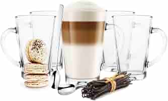 Set Di 6 Bicchieri Per Caff&egrave; Con Manico - Vetro Senza Piombo 220 Ml, Per Cappuccino E Bevande Calde