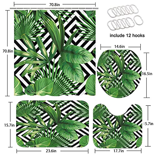 Tropical Palm Leaves Bathroom Set With Shower Curtain And Rugs Accessories, Tropical Floral Flowers Plant Shower Curtain For Bathroom Summer Bathroom Decor 4 Pcs #TOP4