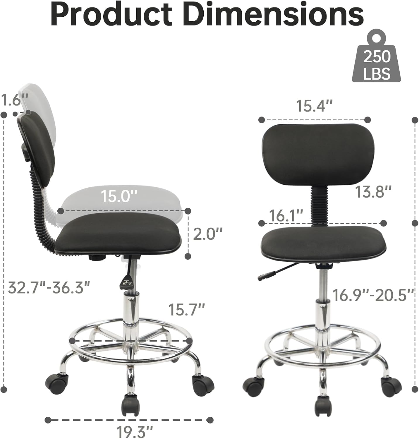 Low Wide Rolling Swivel Stool with Backrest, Adjustable Height Salon Chair Stools with Footrest for Spa Tattoo Office Desk Massage Task Lash Barber Facial, Black 4PK