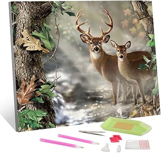 TISHIRON Deer Diamond Painting Kits for Adults, Elk Foggy Forest Round Full Drill DIY Diamond Art Kits, Brown Deer Wildlife 5D Diamond Painting Crafts for Adults Wall Decor for Home Office 12x16 inch