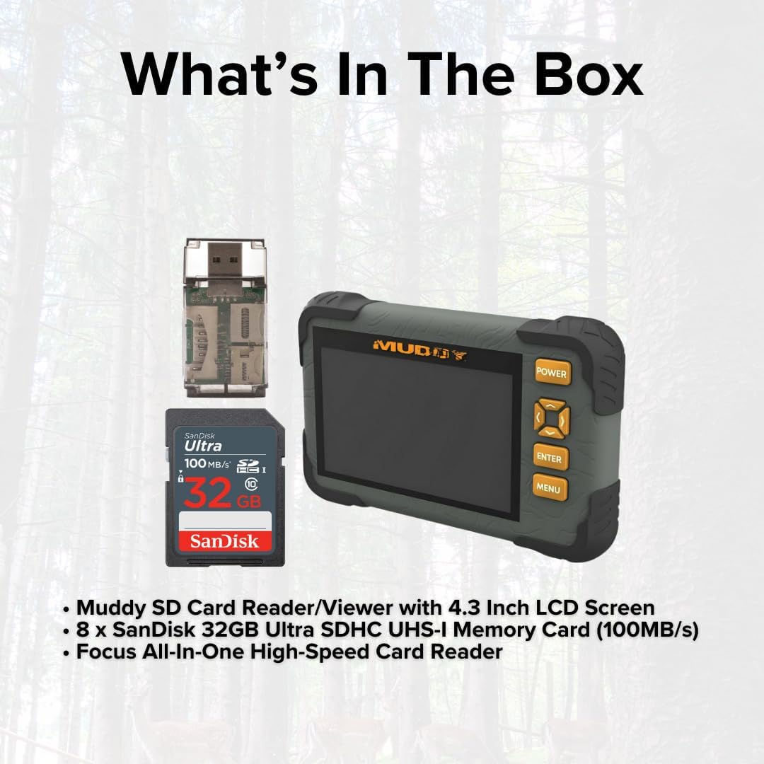 Muddy SD Card Reader or Viewer with 4.3 Inch LCD Screen Bundle with 32GB Ultra SDHC UHS-I Memory Card (8-Pack) and All-In-One High-Speed Card Reader (10 Items)