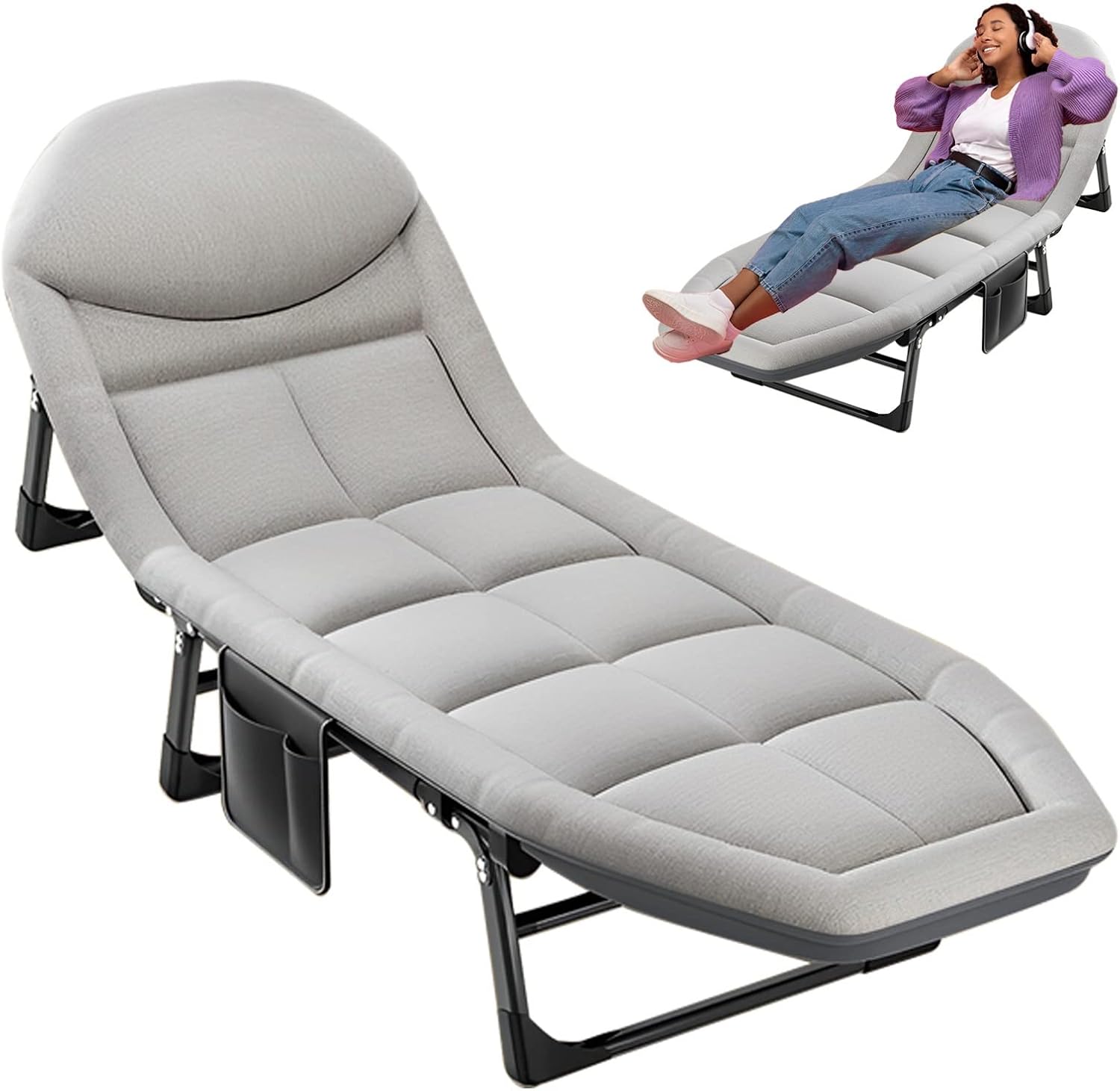 Folding Lounge Chair with Mattress, 5 Position Adjustable Folding Sleeping Bed Cot Chaise Lounge Chairs, Camping Cot Bed Ideal for Sunbathing, Camping, Pool, Beach, and Patio