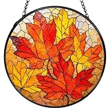 TNUW Fall Leaf Stained Glass Window Hanging, Rustic Autumn Maple Leaves Sun Catchers Indoor Window Glass Round Wall Art Decor, Fall Autumn Wall Hanging Decorations, 7.9οΌx7.9οΌ