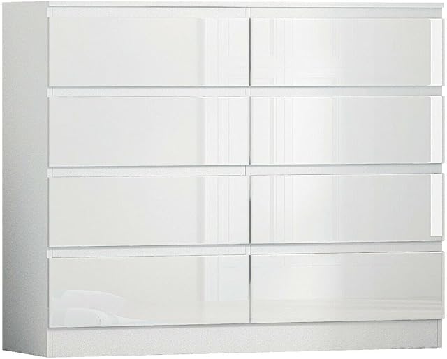 FWStyle Modern 8 Drawer Chest of Drawers, 8 Drawer Cabinet No Handle Sleek Design Bedroom Furniture - White Gloss