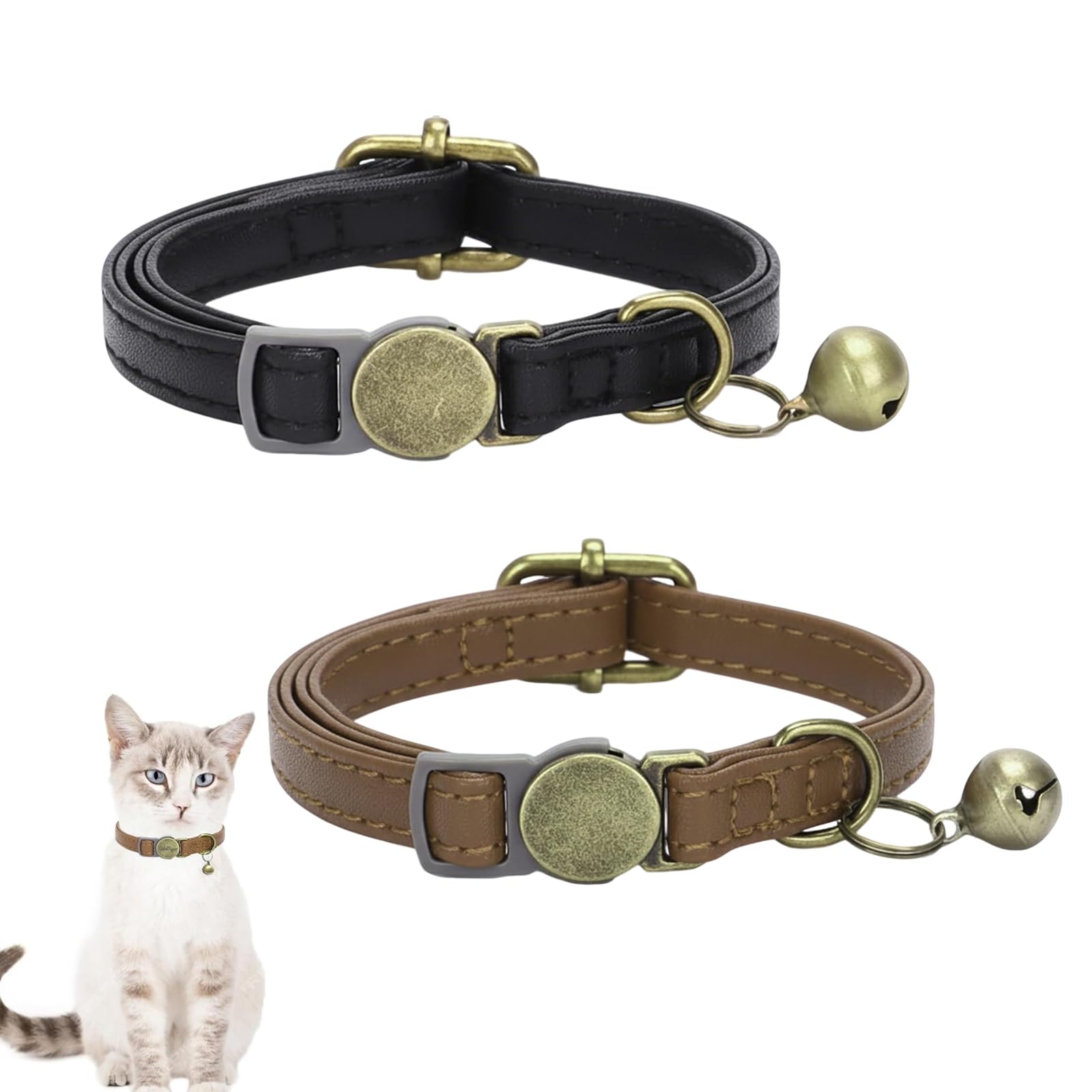 PacuM Leather Cat Collar with Removable Bell & Safety Release