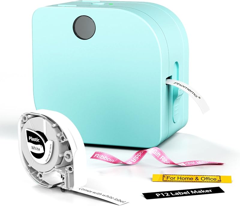 Máquina rotuladora Phomemo con cinta, rotuladoras pequeñas Bluetooth P12 | Impresora de cinta de transferencia térmica sin tinta y con múltiples plantillas para etiquetas de nombres para el hogar, la escuela, los profesores y el aula