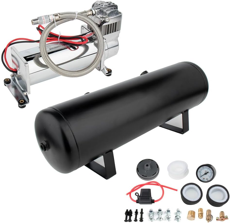 STAYTOP 3 Gallon Train Air Horn Tank with 200 PSI Air Compressor Onboard System Kit for Car Train Truck Horn
