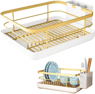 Dish Drying Rack, Dish Racks for Kitchen Counter, Dishes Drying with Drip Tray, Over Sink Dishes Forks Drainer Draining, Durable Kitchen Organizers and Storage, Large Capacity Sink Caddy