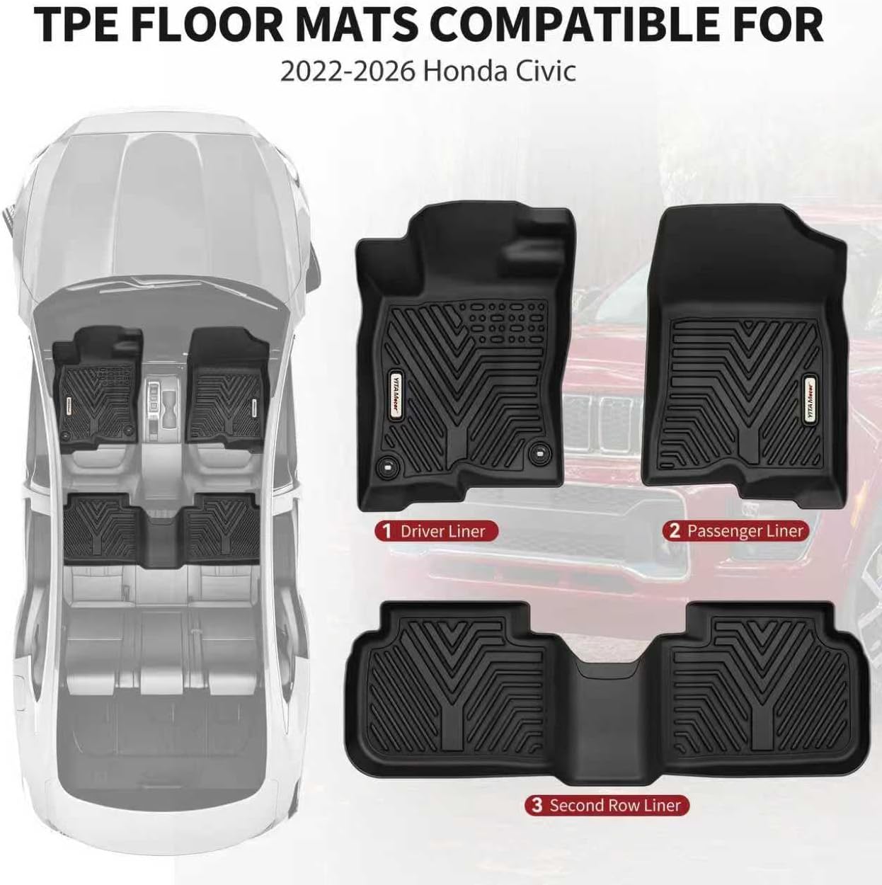 YITAMOTOR Floor Mats for 2022-2025 2026 Honda Civic Sedan/Hatchback/Sport | for Acura Integra 2023-2025, All Weather Car Liners 1st & 2nd Row Set Civic Accessories