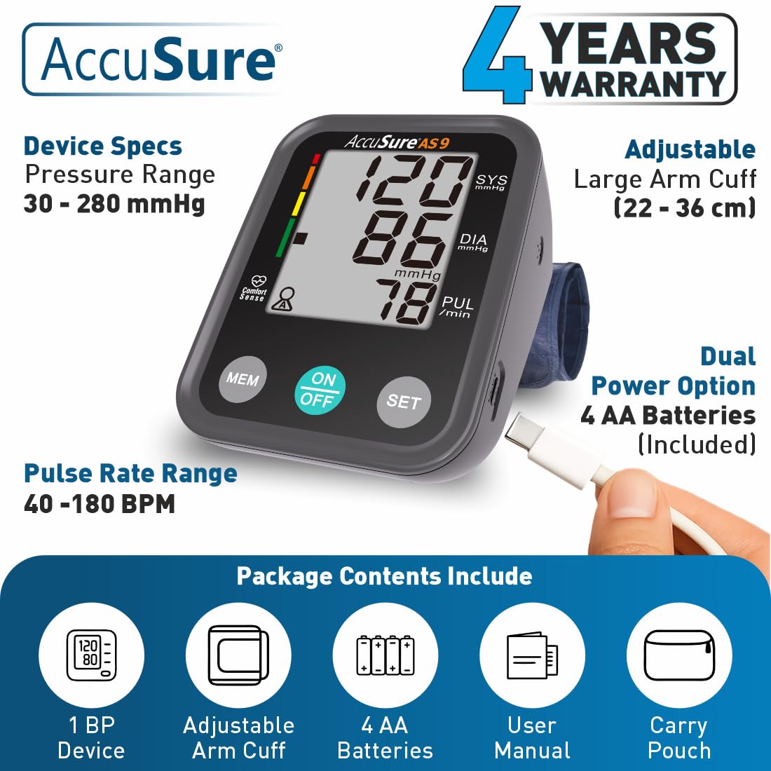 AccuSure AS9 Blood Pressure Monitor package contents including device, cuff, batteries, user manual, and carry pouch.