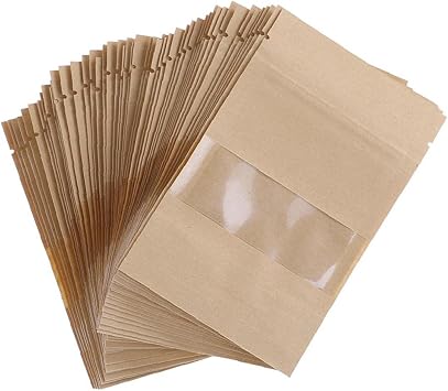50pcs Kraft Paper Zip Bags Snack Storage Zipper Brown Grip Packaging Pouches Reclosable Standing Candy Bag with Clear Window 9 * 14 * 3cm