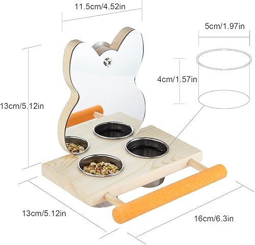 Miniatura 4 de Juguete de espejo de loro con tazas de alimentación de acero inoxidable, marcos de madera para pájaros con perca de jaula para periquitos pequeños,