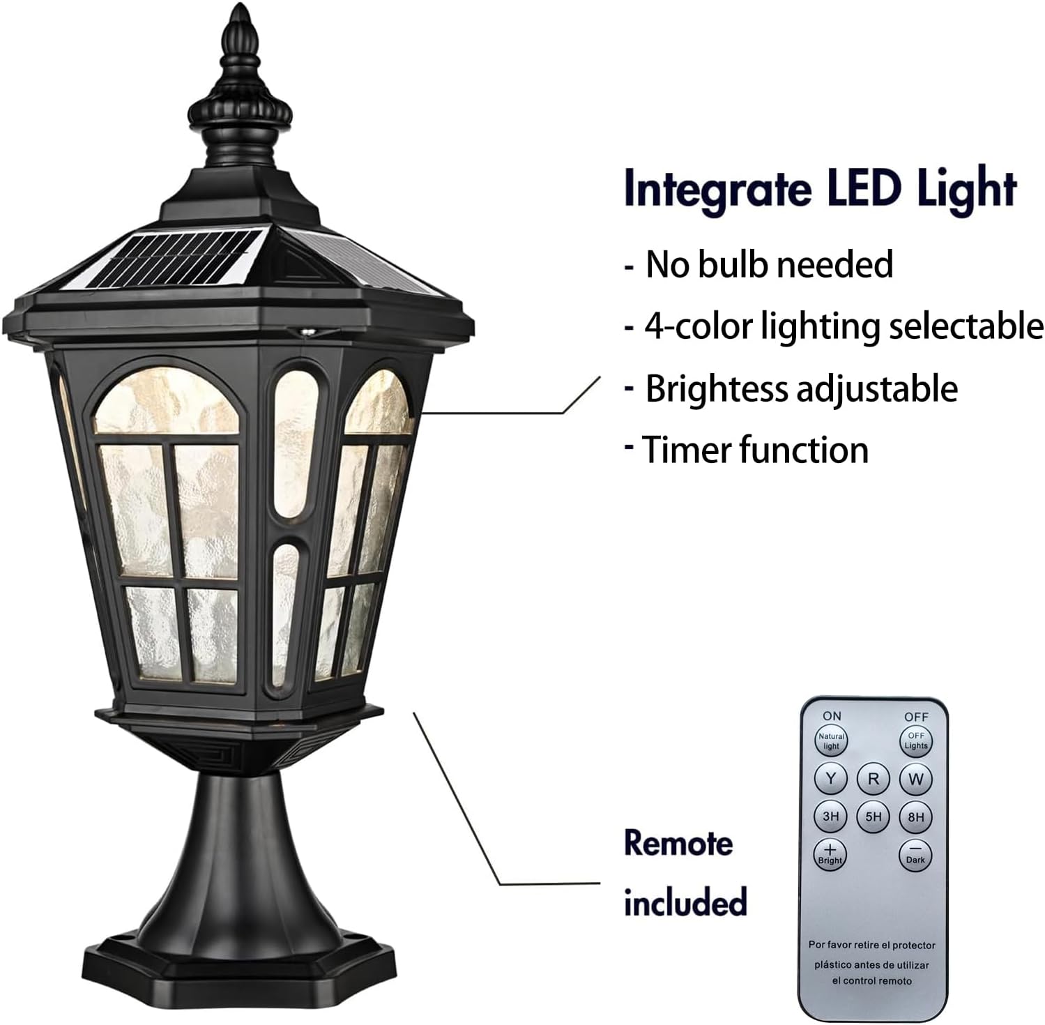 HOLKIRT Solar Post Light Outdoor Solar Cap Light Exterior 4-Color LED Wireless Post Lantern with Romote, IP54 Waterproof Pier Outdoor Light Wire-Free for Porch Fence Garden Courtyard