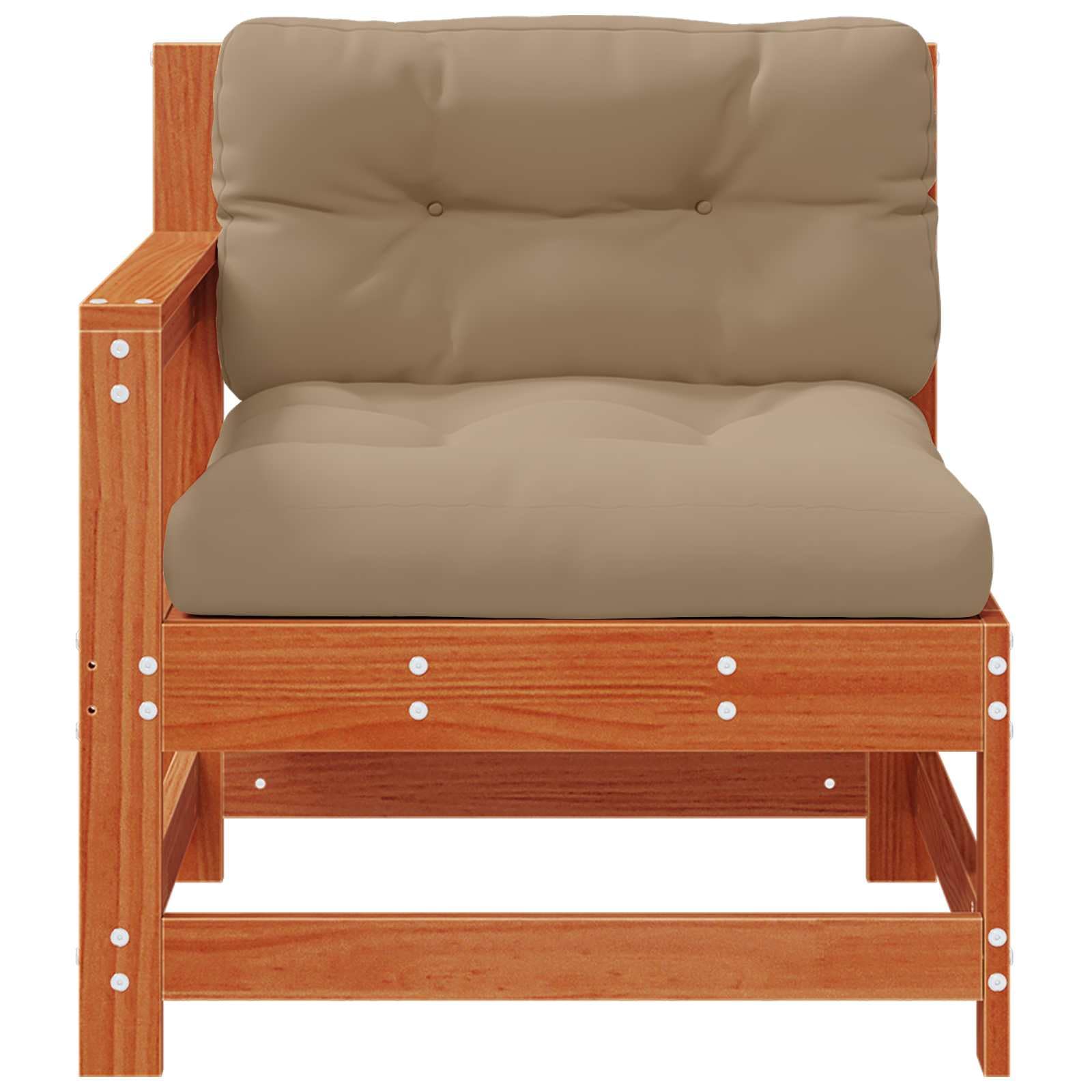Juego de sofá modular para exteriores de madera maciza de pino marrón cera, con cojines de espuma para mayor comodidad, flexible y adaptable para asientos modernos al aire libre.