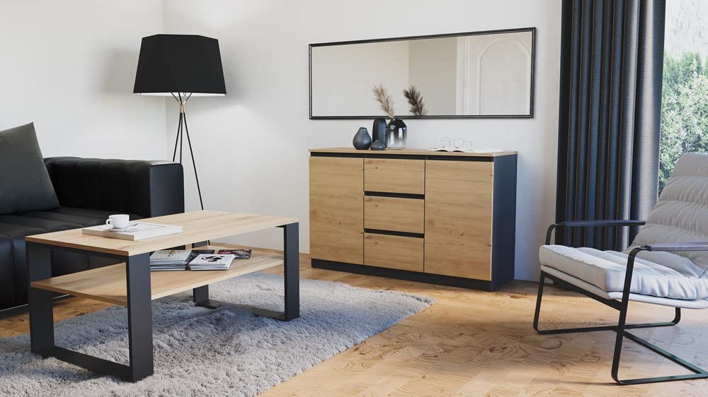 VBChome Kommode mit 2 Türen und 3 Schubladen 120 x 40 x 75 cm Eiche Aritsan - Antrazit Grifflose Schubladenkommode Mehrzweckschrank für Flur Schlafzimmer Wohnzimmer Kinderzimmer Eiche Aritsan-Antrazit