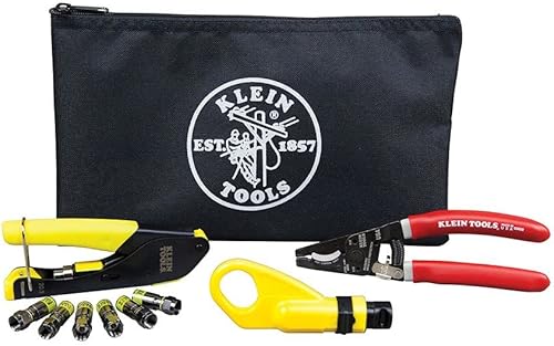 Miniatura 2 de Klein Tools VDV026-211 Kit de instalación coaxial con herramienta de engarzado, cortador de cables, pelacables y conectores F con bolsa de