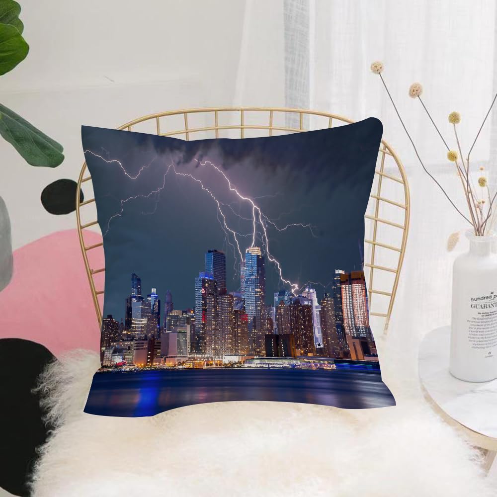Hyosxw Storm And Thunder At Night In New York City - A8 Cushion Cover,Throw Pillow Case Home Decorative For Living Room Bedroom Sofa Chair 18X18 Inch,Storm And Thunder At Night In New York City Apocalyptic Dramatic View,Pillowcase 45X45cm