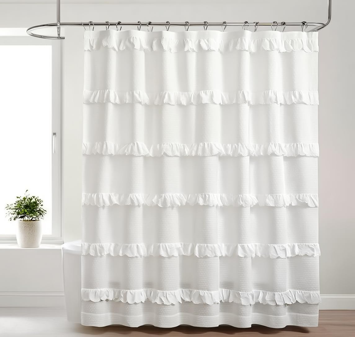 100% Recycled Cotton Multi Ruffle White Shower Curtain – Eco-Friendly, Lightweight Sustainable Fabric, Button Hole Semi Sheer Curtain for Bathroom, Durable & Washable, 72"x72"