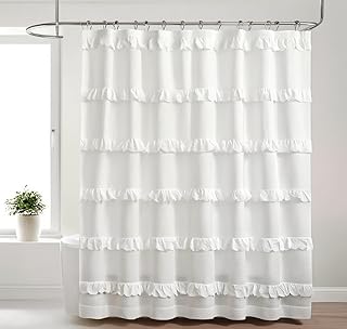 100% Recycled Cotton Multi Ruffle White Shower Curtain – Eco-Friendly, L...