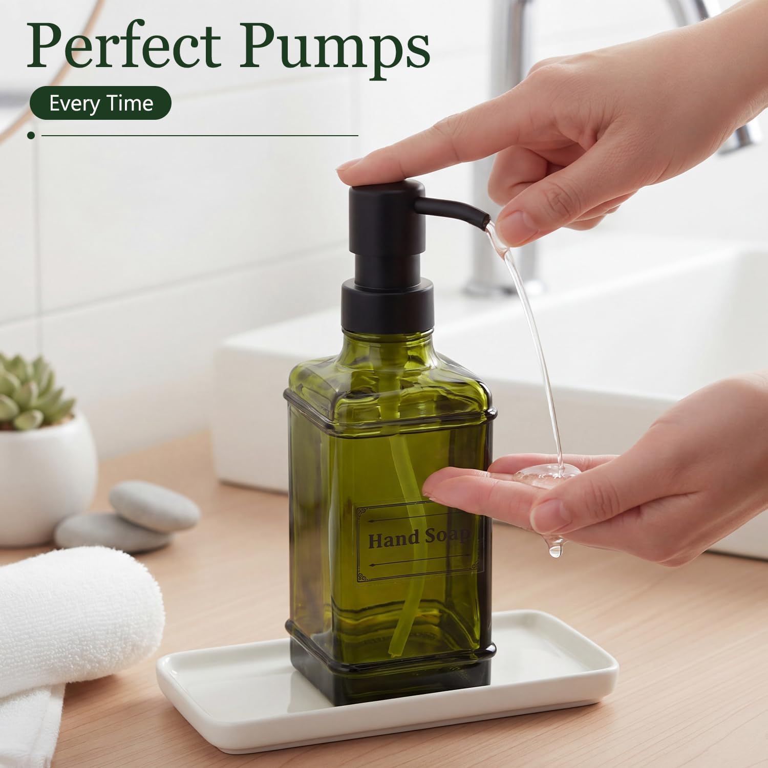 2 Pcs 10 oz Green Glass Soap Dispenser Set with Ceramic Tray Glass Hand Wash Pump Bottle Green Soap and Lotion Dispenser Set for Kitchen Bathroom Accessories Decor Housewarming Wedding Gifts