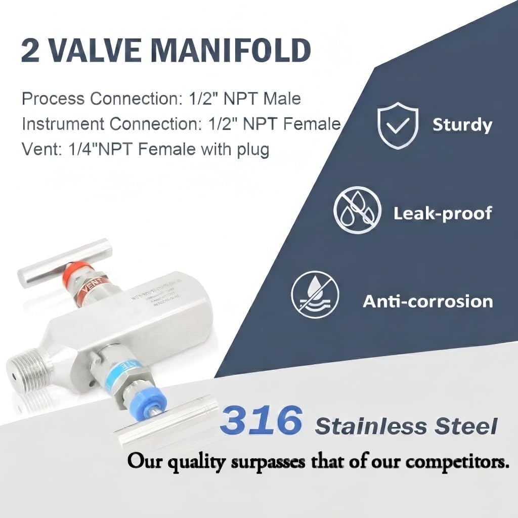 2 Valve Manifold 316 Stainless Steel 2 Way High Pressure Manifold Gas Distributor for Pressure Gauges and Pressure Transmitters