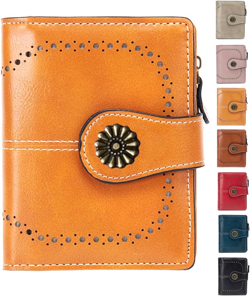 Wallet Women Bifold RFID Blocking Leather Card Holder Compact Wallet with Zipper Coin Pocket (Yellow)