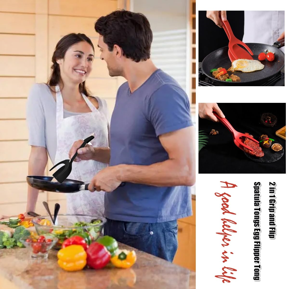 Spatule-pince 2 En 1 Pour Cuisine - Silicone Et PC - Longueur ~30.6 Cm - Parfait Pour œufs, Viandes, Crêpes