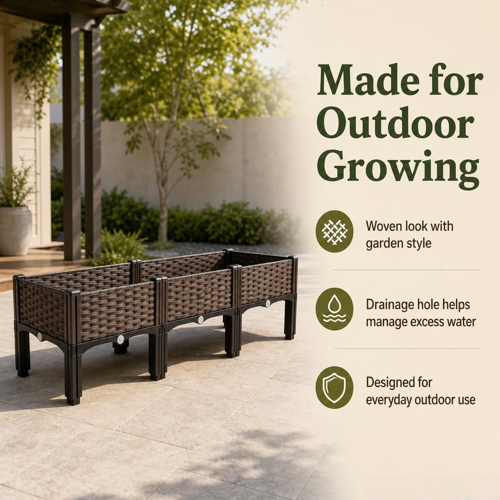 47 Inch Wicker Elevated Garden Planter with Legs - Rectangular Raised Bed with Self-Watering Design for Outdoor Vegetables, Flowers & Herbs, Large Gardening Box for Patio, Backyard & Balcony image 4