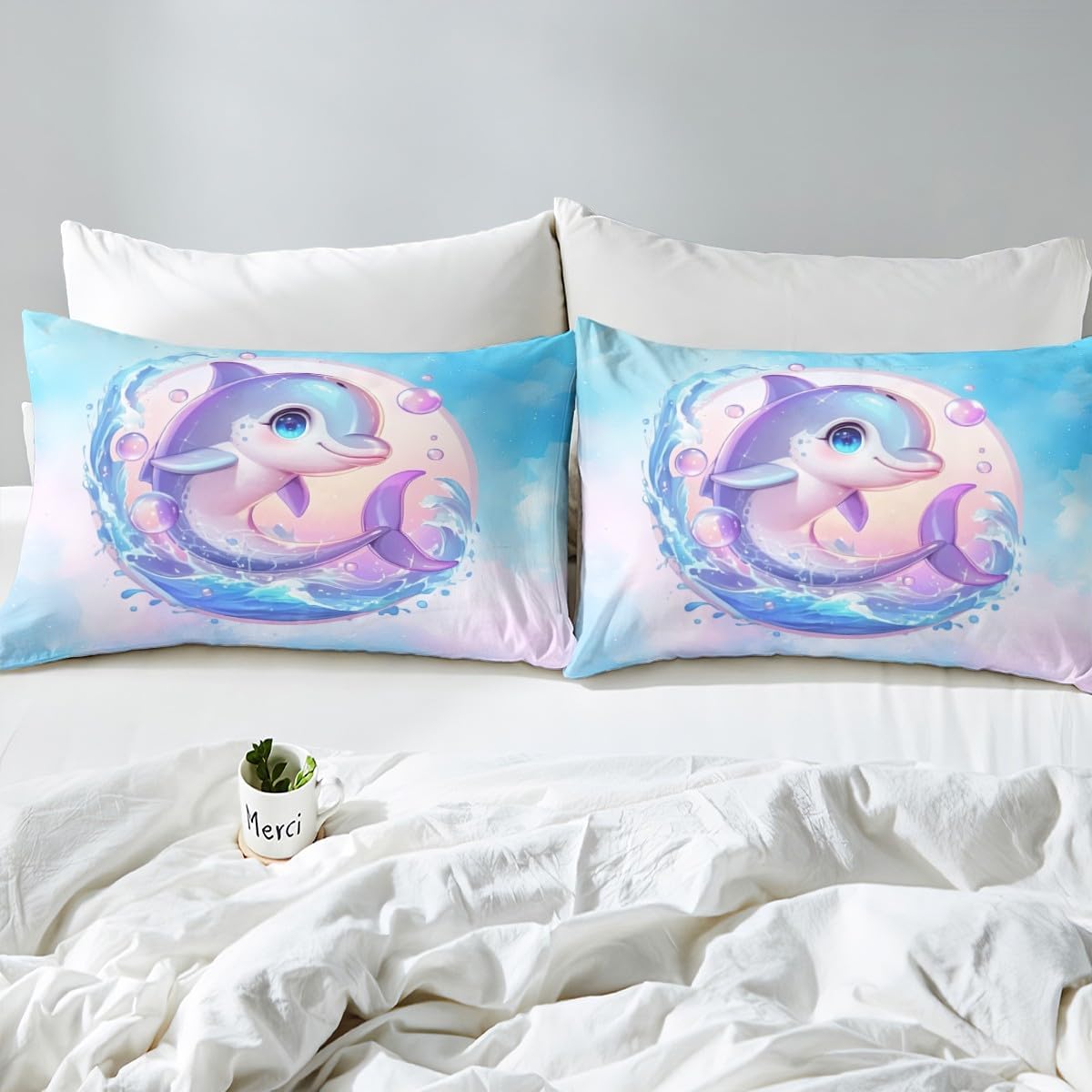 Kawaii Dolphin Duvet Cover Set Twin Size Ocean Marine Life Fish Bedding Set for Kids Girls Boys Teens Ombre Blue Pink Tie-dye Comforter Cover Dolphin Quilt Cover,1 Pillowcase(No Comforter)