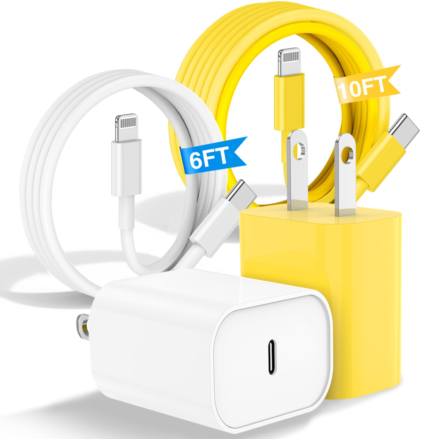 Fashia Phone Charger Fast Charging[6FT+10FT], Apple Charger with Long USB C to Lightning Cable for Phone 14/13/12 Pro Max,20W USB C Charger Block and Chargeur Phone Fast Charing Cord(White+Yellow)